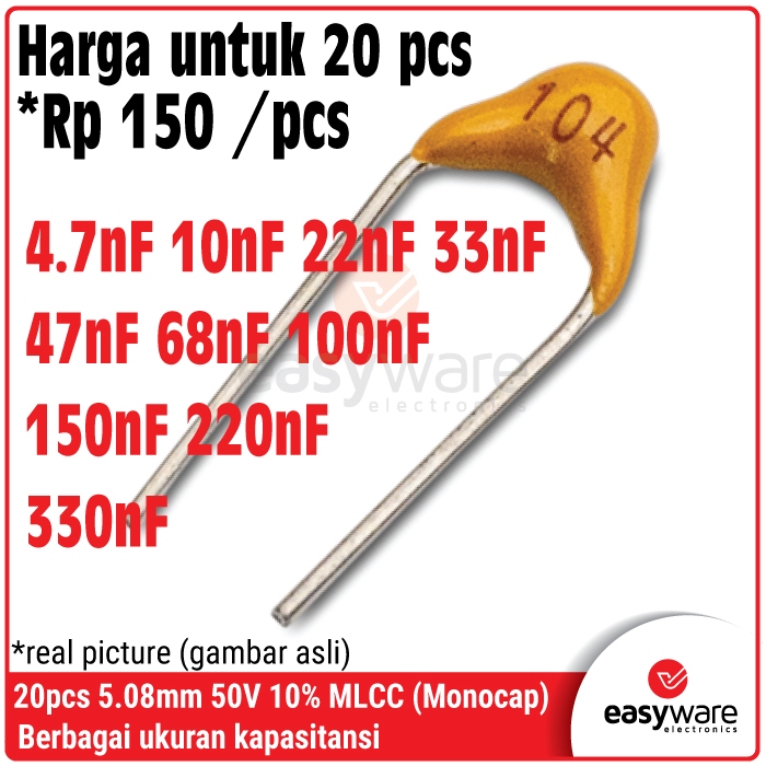20x ตัวเก็บประจุ Monocap 4.7nF 10nF 22nF 33nF 47nF 68nF 100nF 150nF 220nF 330nF 50V เสาหินเซรามิค Ca
