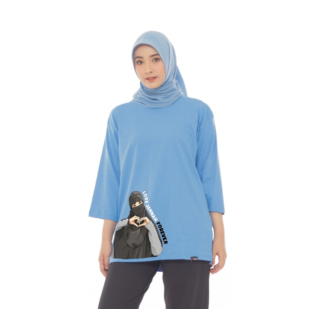 ผู้หญิงขนาดใหญ่ 7/8 แขนเสื้อยืดขนาดใหญ่ Hijab Top Cotton Combed Premium 24s Love Jannah Forever