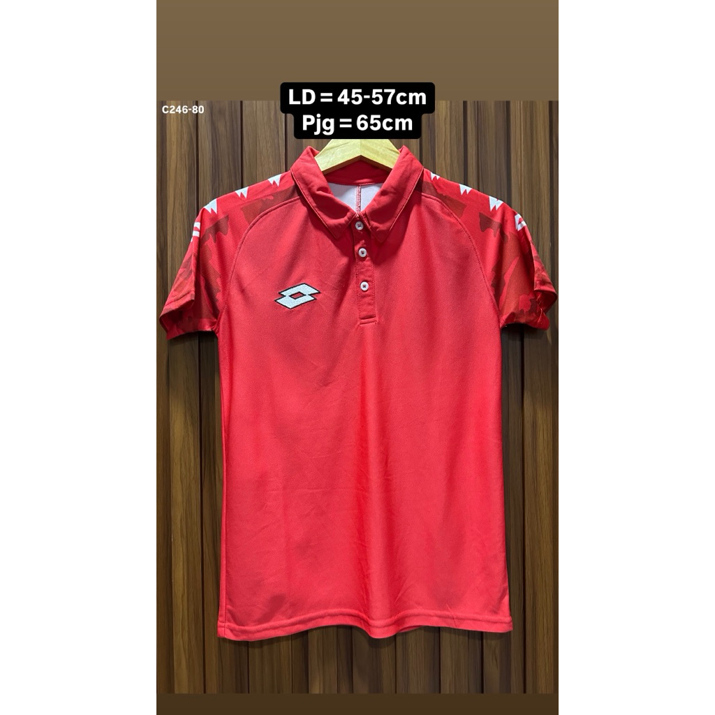 MERAH LOTTO Preloved Jersey ผู้ชายผู้หญิง - เสื้อยืดคอปกกีฬาสีแดงปักโลโก้พิมพ์ AOP ไม่มีลบ [C246-80]