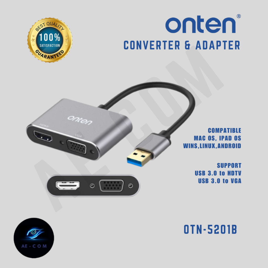 ONTEN OTN-5201B - ตัวแปลงอะแดปเตอร์แสดงผล USB 3.0 เป็น HDMI และ VGA