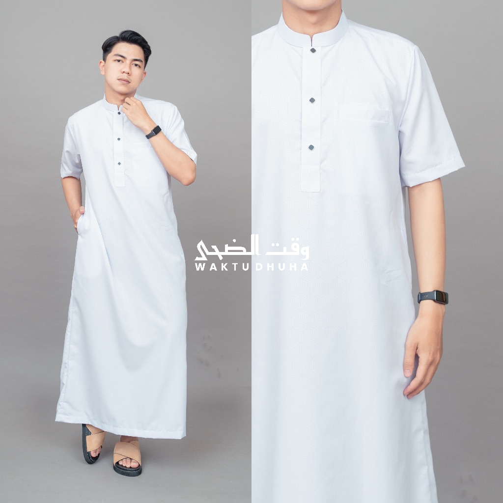 BEST TIME DHUHA - JUBAH DHUHA SLIMFIT GAMIS สําหรับผู้ชาย, แขนสั้น, SUPER HEXAGONAL EMBOSED MOTIF