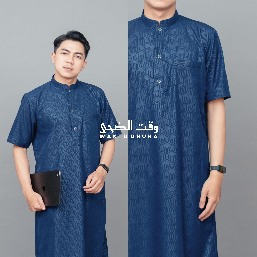 TIME DHUHA - Dhuha Robe, Slimfit Mens Short Sleeve, Super Hexagonal Embossed Motif