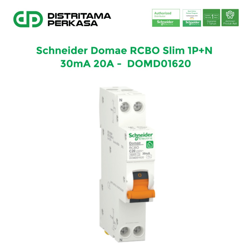 Schneider Domae RCBO Slim 20A 30mA 1P+N 6kA Kurva C - DOMD01620
