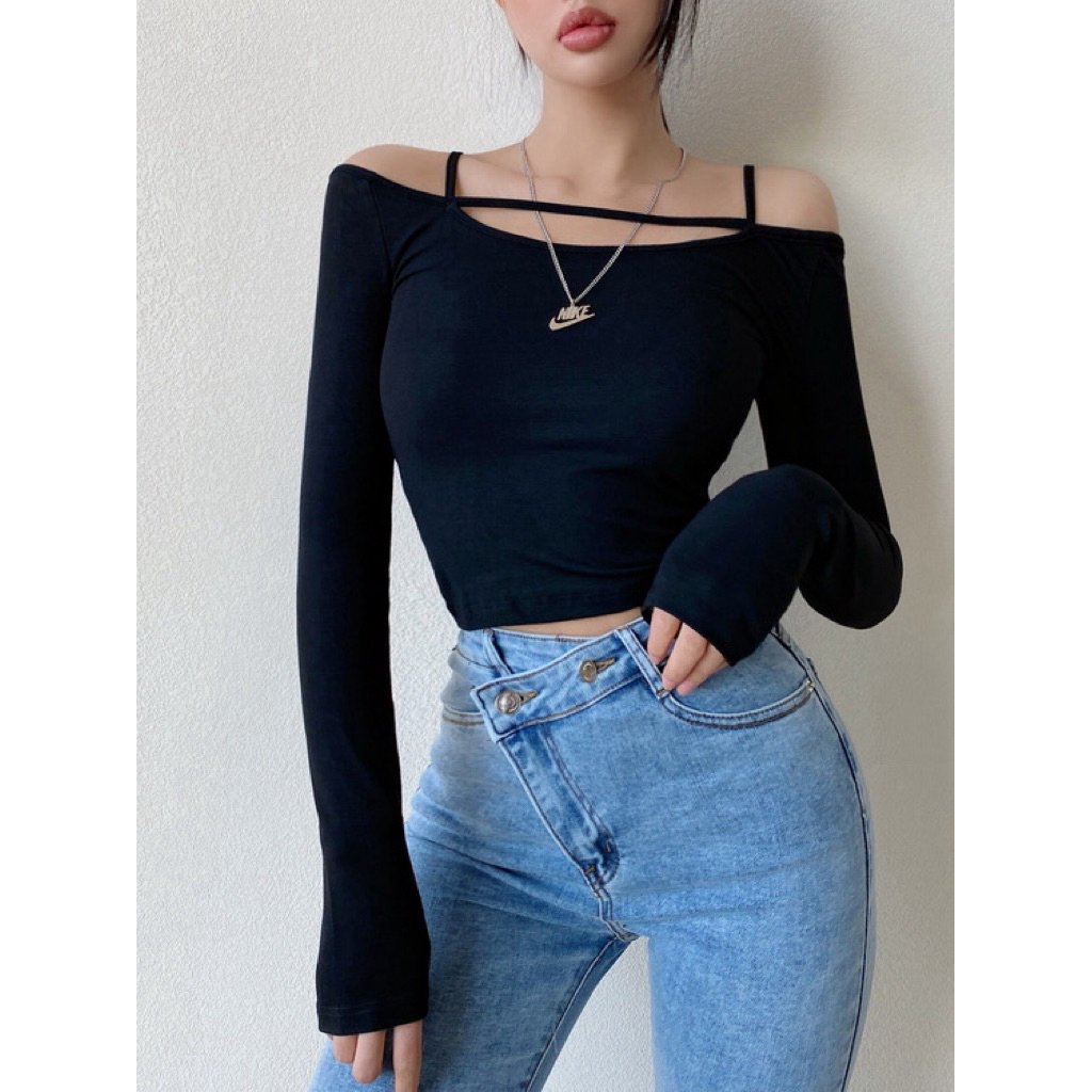 Original Design Boat Neck Long Sleeve Strap Front Crop Tee Top 7293 ไซส์ s เท่านั้น