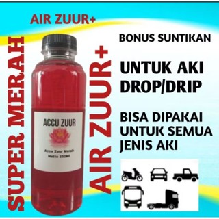 Air Aki Zuur Merah Untuk aki Drop / Drip Isi 250 ml ( bonus Suntikan)