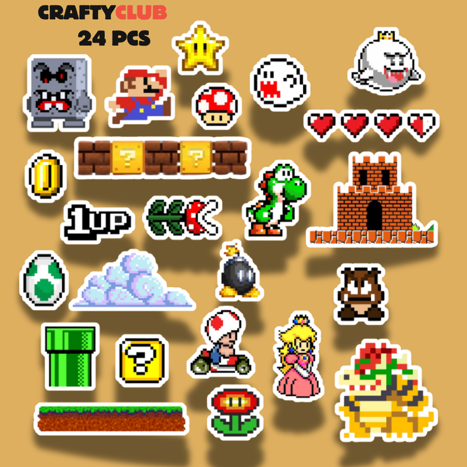 Super Mario Sticker Pixel Vinyl Waterproof (24PCS) สําหรับหมวกกันน็อค, Journaling, tumblr
