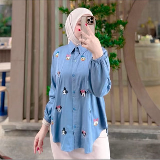 KEMEJA MICKEY ATASAN WANITA BORDIR LUCU RAYON TWILL POLOS PREMIUM
