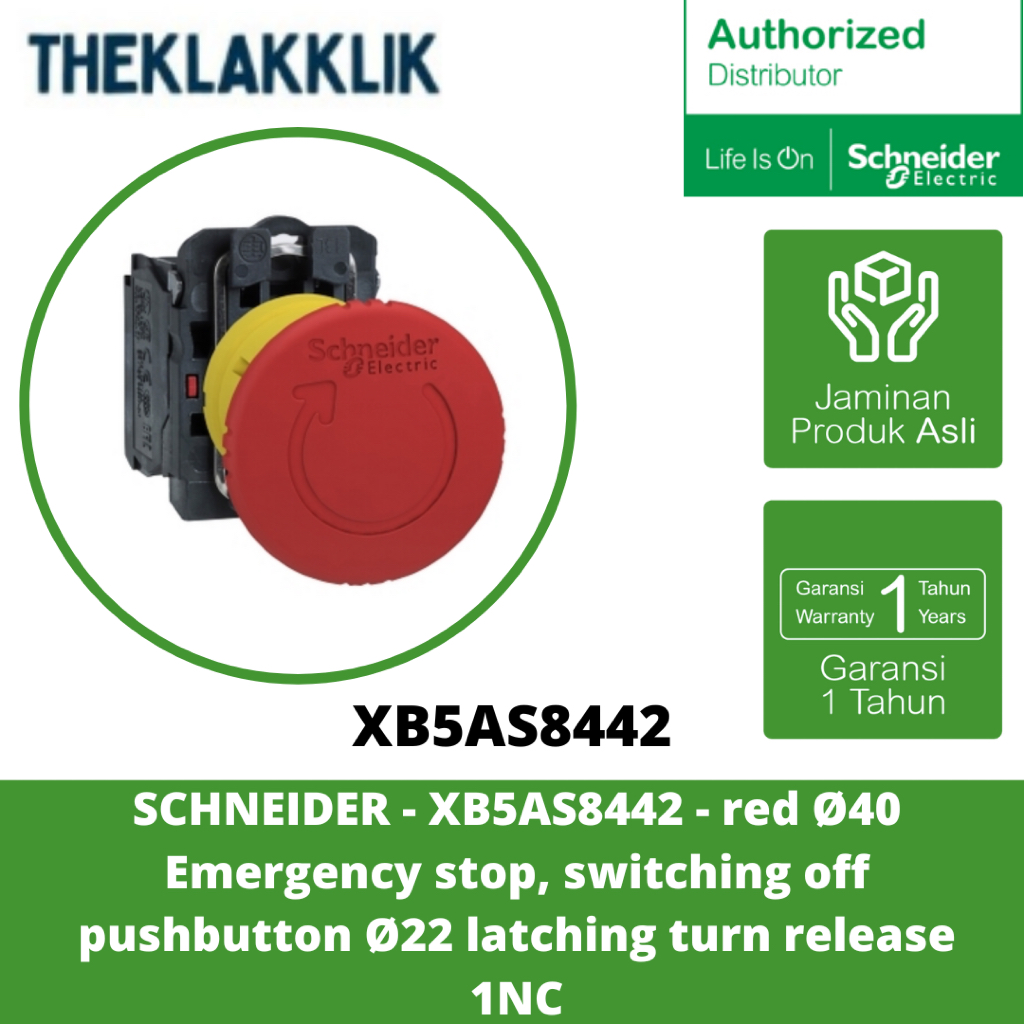 SCHNEIDER - XB5AS8442 - สีแดง Ø40 ตัวหยุดฉุกเฉิน สวิตชิ่งปุ่มกด Ø22 เปิดตัว 1NC