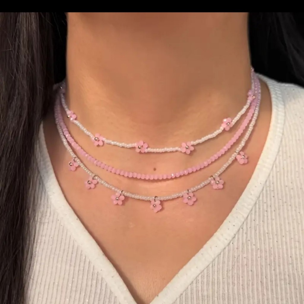 ชุดสร้อยคอชั้นดอกไม้คริสตัลสีชมพู Y2K 3 ชิ้น - เครื่องประดับอเนกประสงค์ทุกวันและวันหยุดสําหรับผู้หญิ
