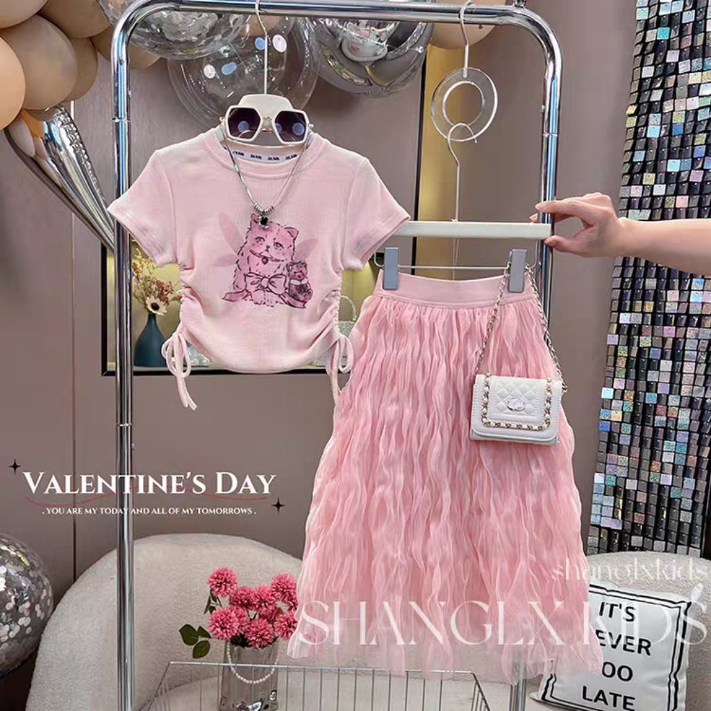 ER-254 นําเข้า PREMIUM GIRLS SKIRT ชุดแขนสั้น DRAWSTRING TASSEL SKIRT AGE 5-12 ปีสาวน่ารักเสื้อผ้าเด