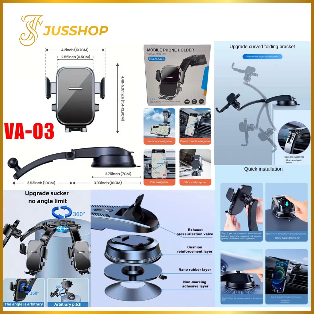 ที่วางโทรศัพท์ในรถ Dashboard รถแก้ว Vango VA-03 คอยาว 360 ฟรีหมุน Strong ดูด Pad ยืดหยุ่น Gooseneck 