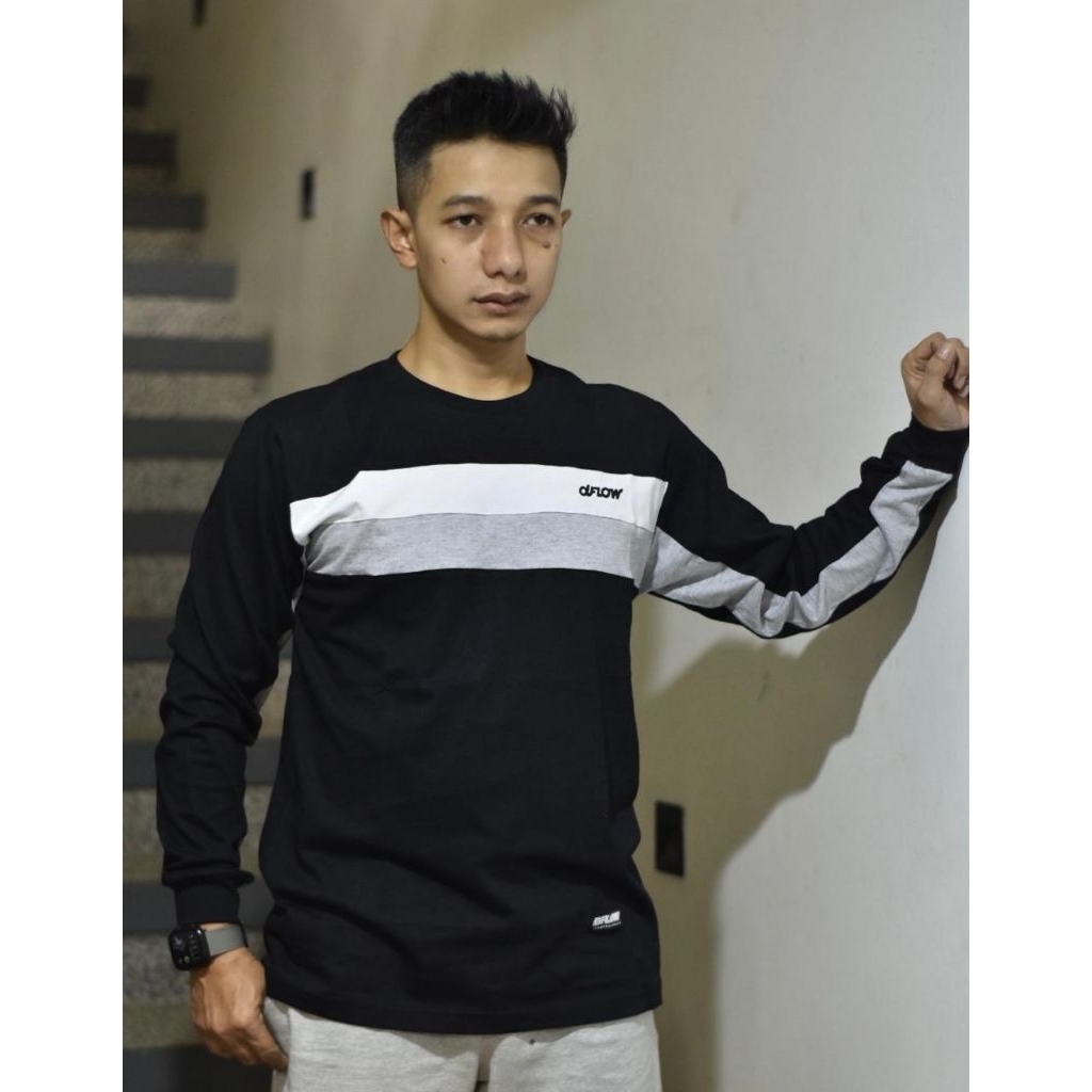 เสื้อยืดสีดําผู้ชาย Dflow Long พร้อมผ้าฝ้าย Combed 24s Combed