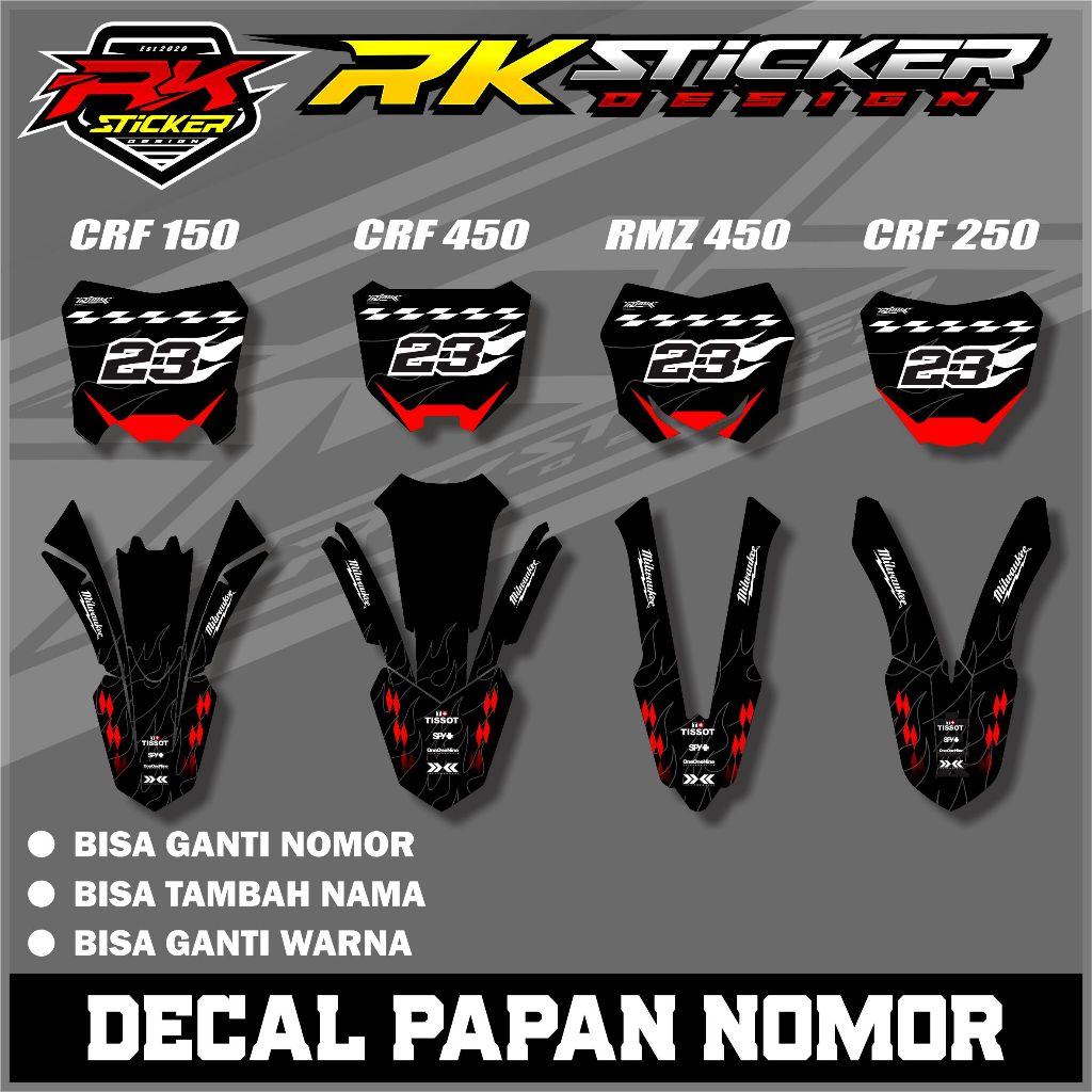 สติ๊กเกอร์บอร์ดและสติ๊กเกอร์บังโคลน CRF 150/250/450 และ RMZ 450 ชื่อและหมายเลขขอฟรี RK.004