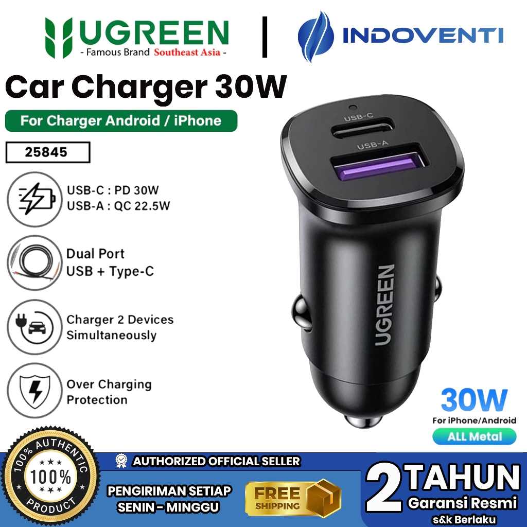 UGREEN Car Charger Adapter iPhone Samsung USB + Type C PD Fast Charging QC3.0 18W 20W 63W 69W