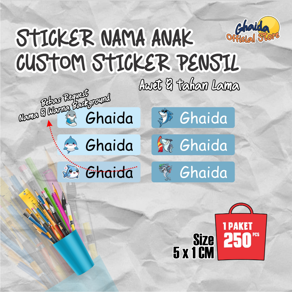 CHILDRENS NAME LABEL STICKER I ANTI-FADE CHILDRENS NAME PENCIL STICKER l BABY SHARK CHILDRENS NAME S