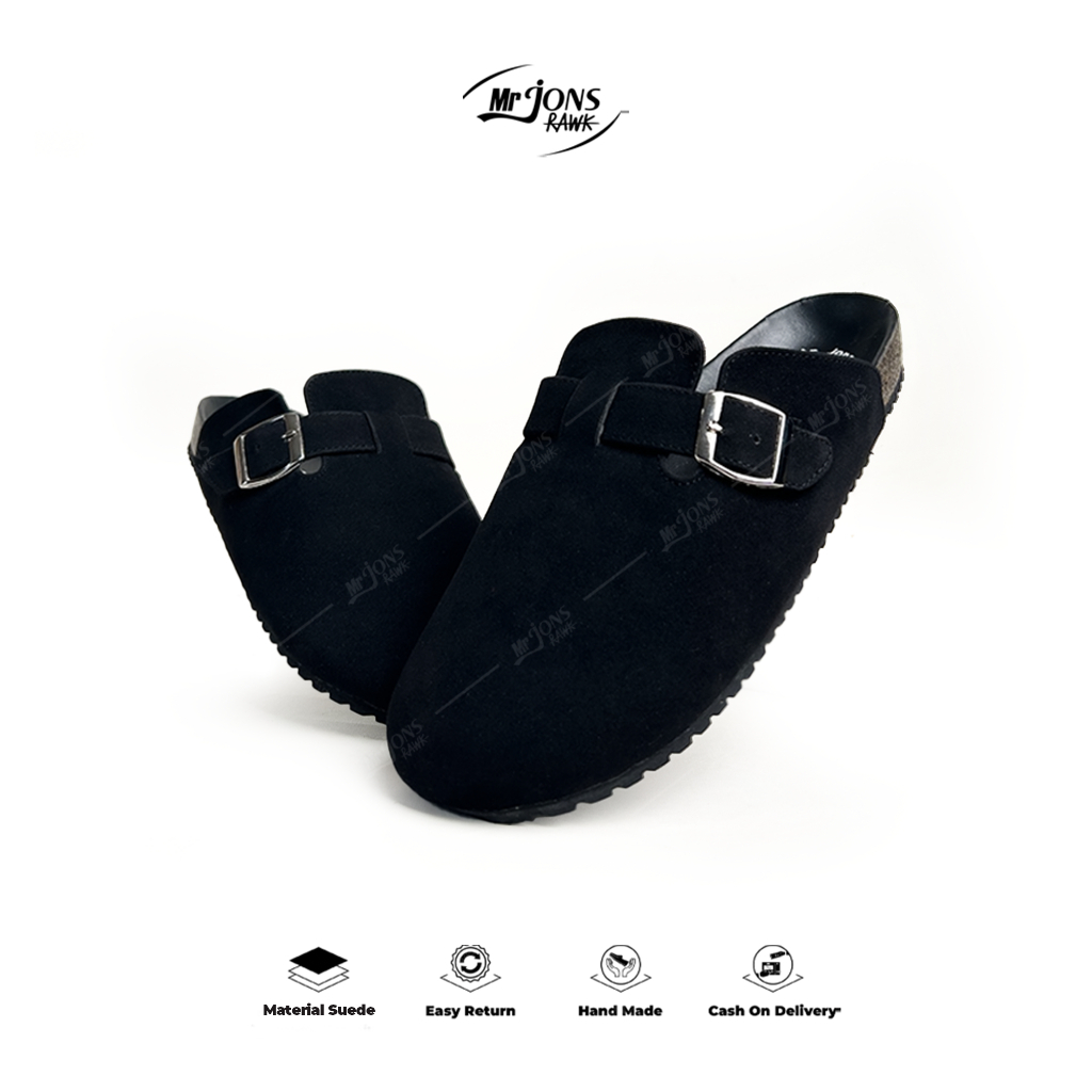 Mr.Jonsrawk Official - Bustong Glory Suede รองเท้าแตะลําลองสีดําสําหรับผู้ชายและผู้หญิง