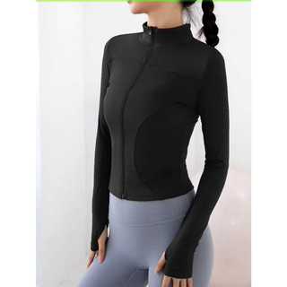 FAISALJaket Olahraga Ritsleting Kerah Berdiri Slim Fit Cepat Kering Atasan Yoga Kebugaran Lengan Panjang / Pilates Top
