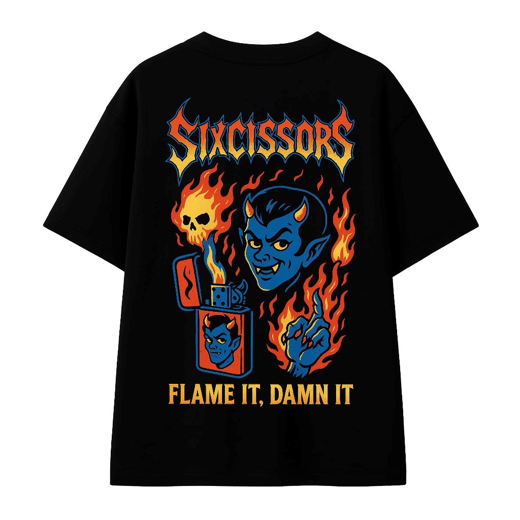 โลหะเสื้อยืดซาตานเสื้อยืดผู้ชายผู้หญิงสีดํา Distro เสื้อยืด SIXCISSORS 666 FLAME IT ใหม่