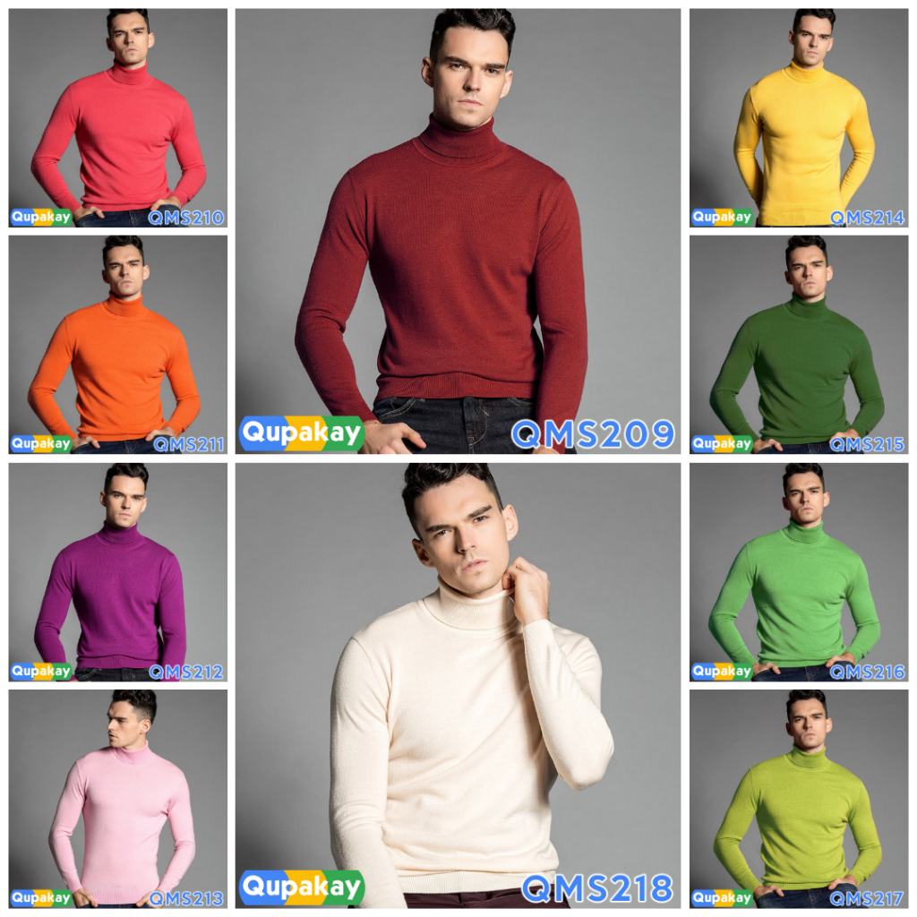 QUPAKAY เต่าคอคอเต่าผ้าฝ้าย Fine Knit Sweater | เสื้อเชิ้ตผู้ชายนุ่ม เย็นสบาย QMS209 - QMS218