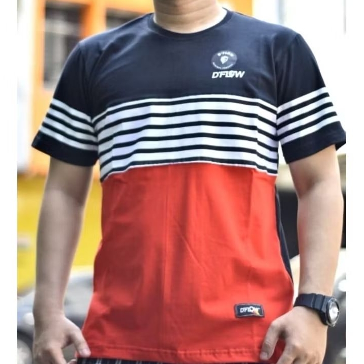 MERAH DFLOW STRIPE เสื้อยืดสีดําสีขาวสีแดงผ้าฝ้าย COMBADS