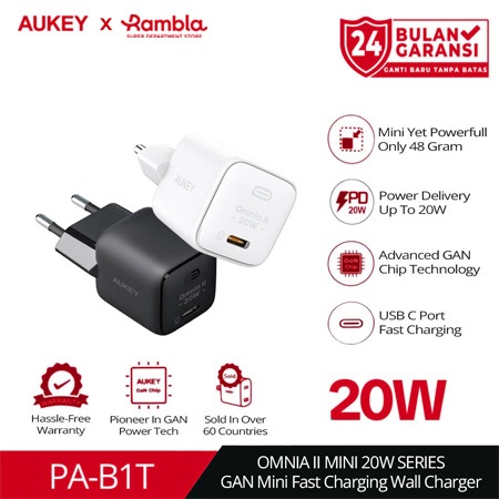 Rambla - Aukey Charger Type C 20W GAN PD 3.0 Fast Charging Black & White PA-B1T