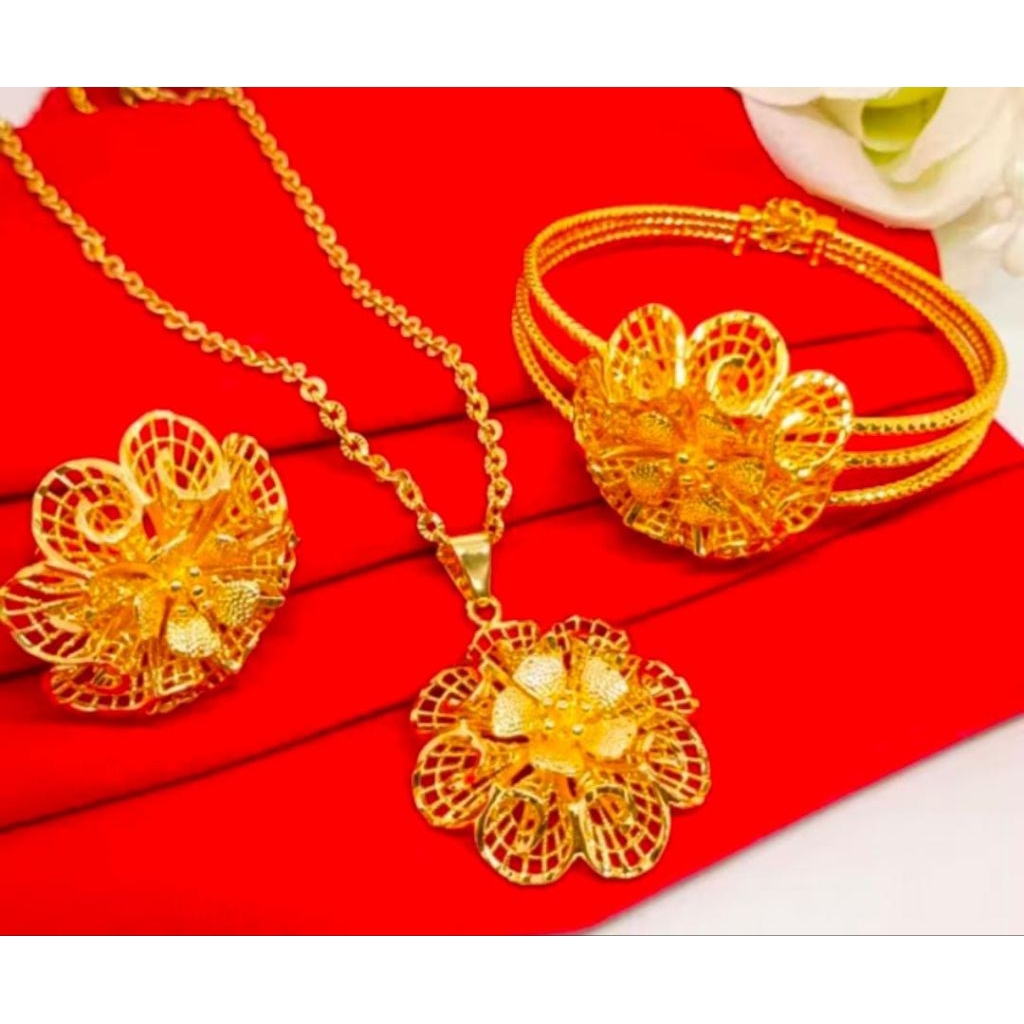 สร้อยคอ + BANGLE BRACELET + ใหม่ล่าสุด VEHICLE FLOWER RING 24K GOLD PLATED