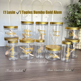 (Get 12pc+Free Sendok)Toples Bumbu Dapur 200ml+300ml+500ml+1200ml Tutup Alum Gold Free Stiker Cutting (latin gold)