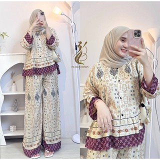 Rafella Set Rayon Rempel-One Set Rayon Rempel Setelan Wanita Kekinian model kancing dan resleting setelan Atasan Dan celana kulot