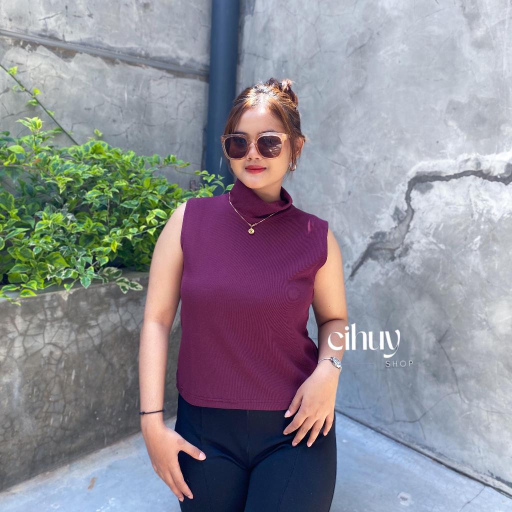 [CIHUY] - Avira Womens Plain Rib Knit แขนกุดด้านในคอเต่า Jumbo