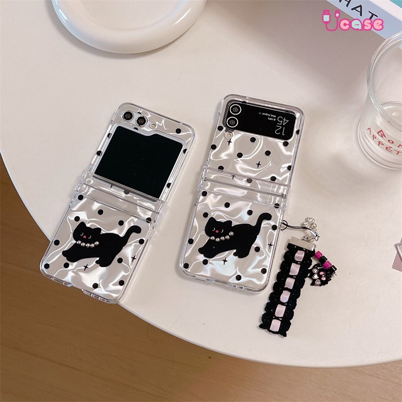 ยูเคส | Black Cat Silver Shining สําหรับ Z Flip 7 6 5 4 3 N Flip 2 3 สีดําลูกไม้พวงกุญแจแมว | ป้องกั