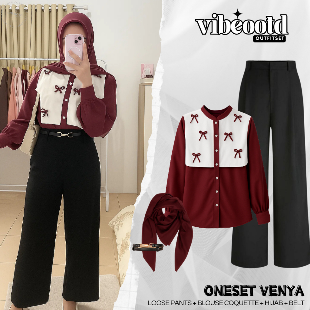 MERAH Venya Outfit Set for Women Hijab (กางเกงหลวม + Coquette Blouse Top + Bella Square + Belt) Teen