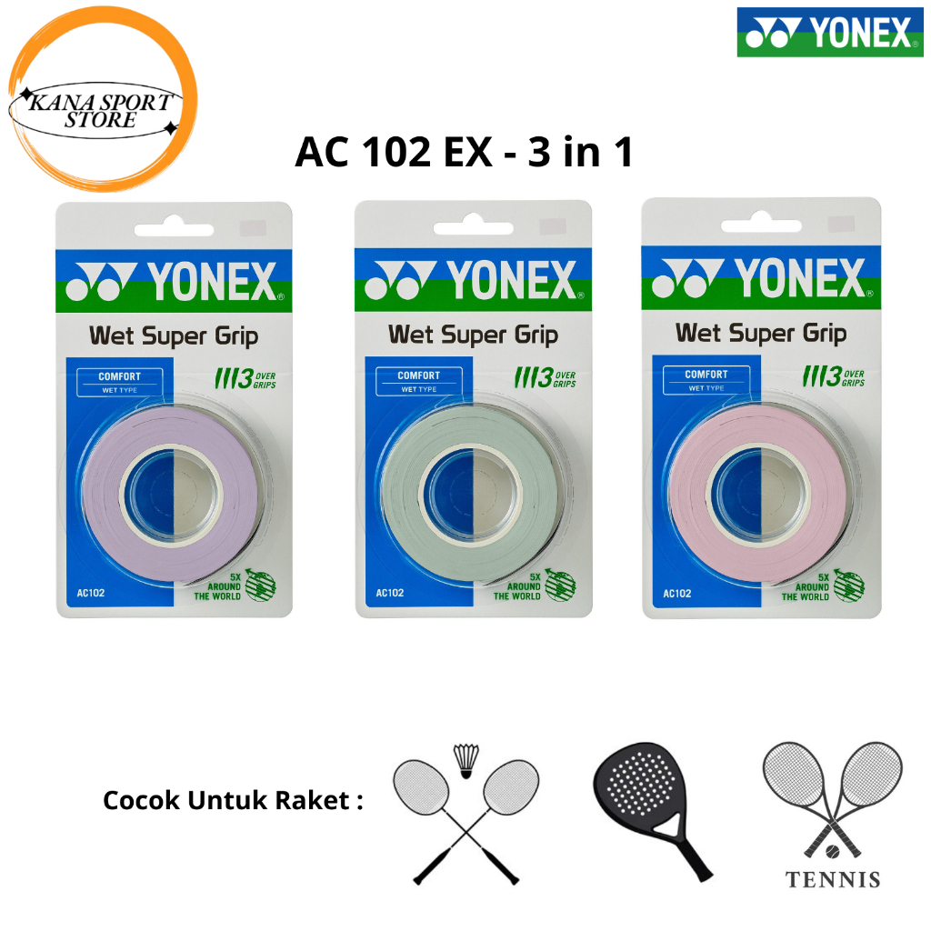 YONEX Wet Super Grip AC 102 EX (3 Grips) Original Premium Grips Super Sticky Tacky Feel