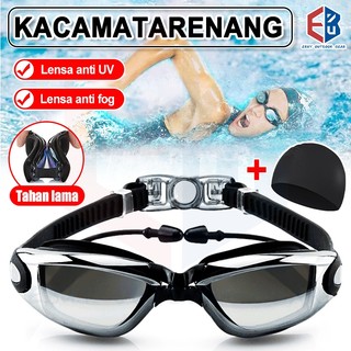 EBUY Kacamata Renang Dewasa Anti Fog UV /Topi Renang + Kacamata Renang + Penyumbat Telinga/Kacamata Renang Set Topi Renang Dewasa Renang Profesional