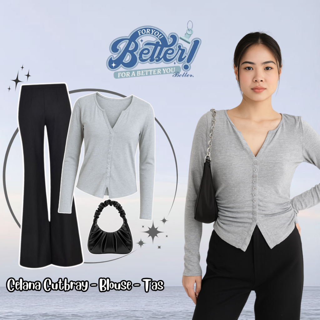 Oneset 3in1 - อินเทรนด์ (กางเกง Cutbray + เสื้อ + กระเป๋าสะพาย) Elegant Masakini Outfit Y2K Suit - B