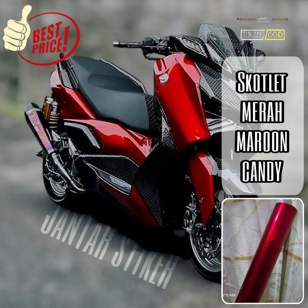MERAH Maroon Metallic Candy Red Stiker Motor Motif Checkered Shiny Carbon Spread Tow