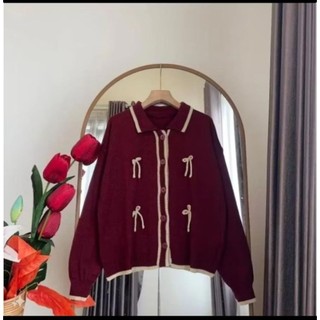 Baju Polos Atasan Cardigan Rajut Kancing Motif Pita Wanita Premium