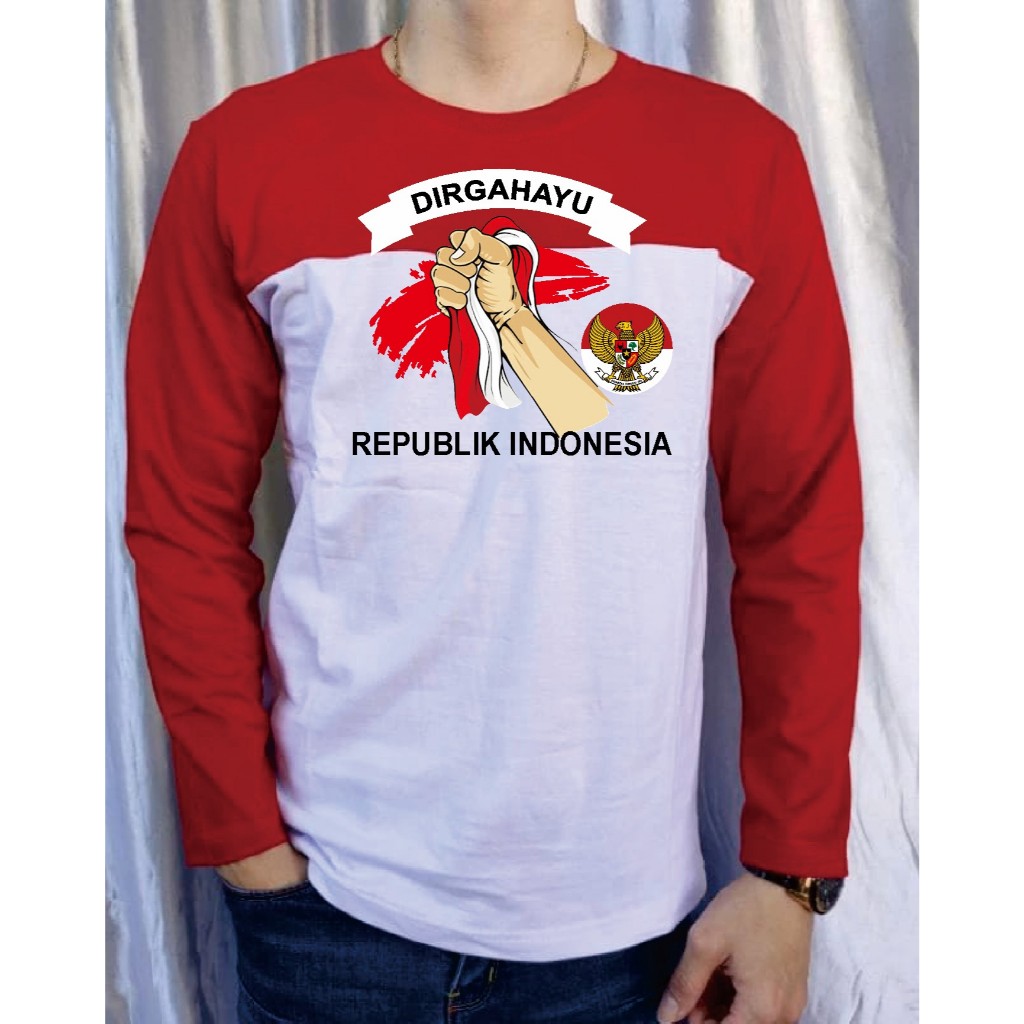 MERAH KATUN 28S เสื้อยืดผ้าฝ้าย/สีแดงและสีขาว/17 AUGUST 45/LONG SLEEVE