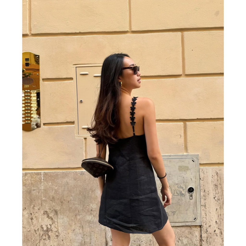 MIDNIGHT BLOOM Linen Mini Floral Strap A-Line Dress by Salted Angels