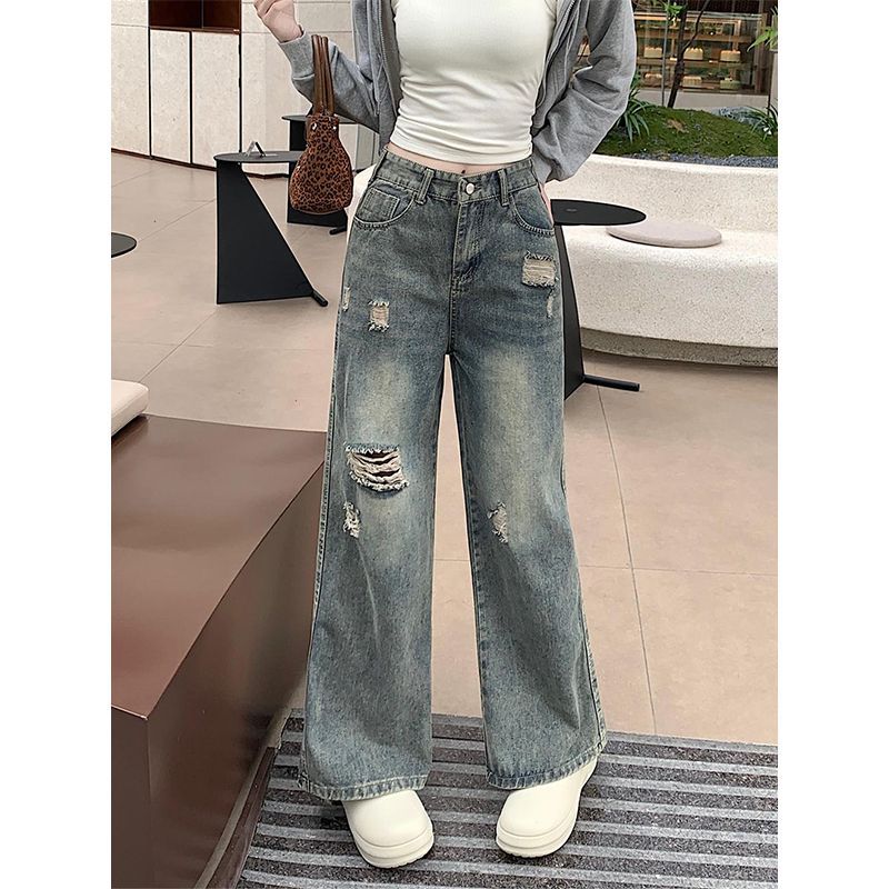 YOYO - Ripped Jeans Womens Highwaist Retro Fashion Womens Long Jeans Womens Jeans Baggy Pants
