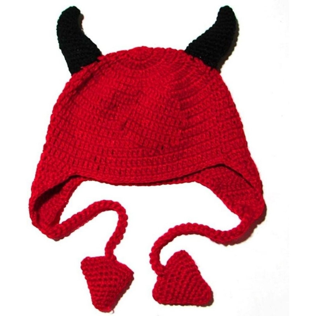 HANDMADE DEVIL BEANIE/หมวกปีศาจ/หมวกบะหมี่แดง/หมวกทรงวงรี/หมวก/หมวกผ้า/หมวกผ้า/Y2K FASHION/Y2K หมวกถ