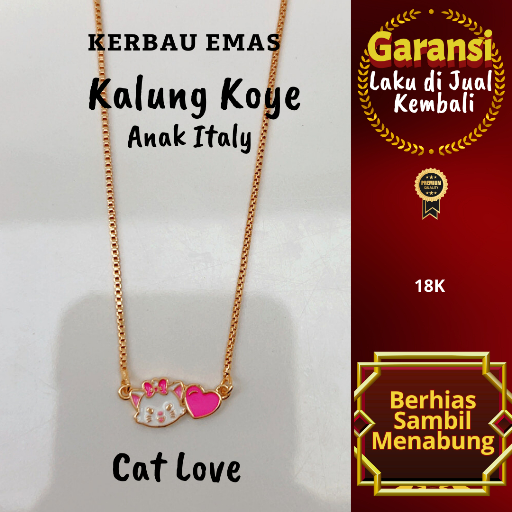 สร้อยคอ Gold Buffalo Koye สําหรับเด็กอิตาลี Cat Love Color 18K Ready Size 34.5-35cm