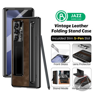 Bunso JAZZ Case untuk Samsung Galaxy Z Fold 7 6 5 Fold7 Fold6 Fold5 5G Premium Vintage Leather With Stylus Slim S Pen Holder Magnetic Kick Stand Casing Hard Full Protective HD Tempered Glass Hinge Cover Mewah Viral