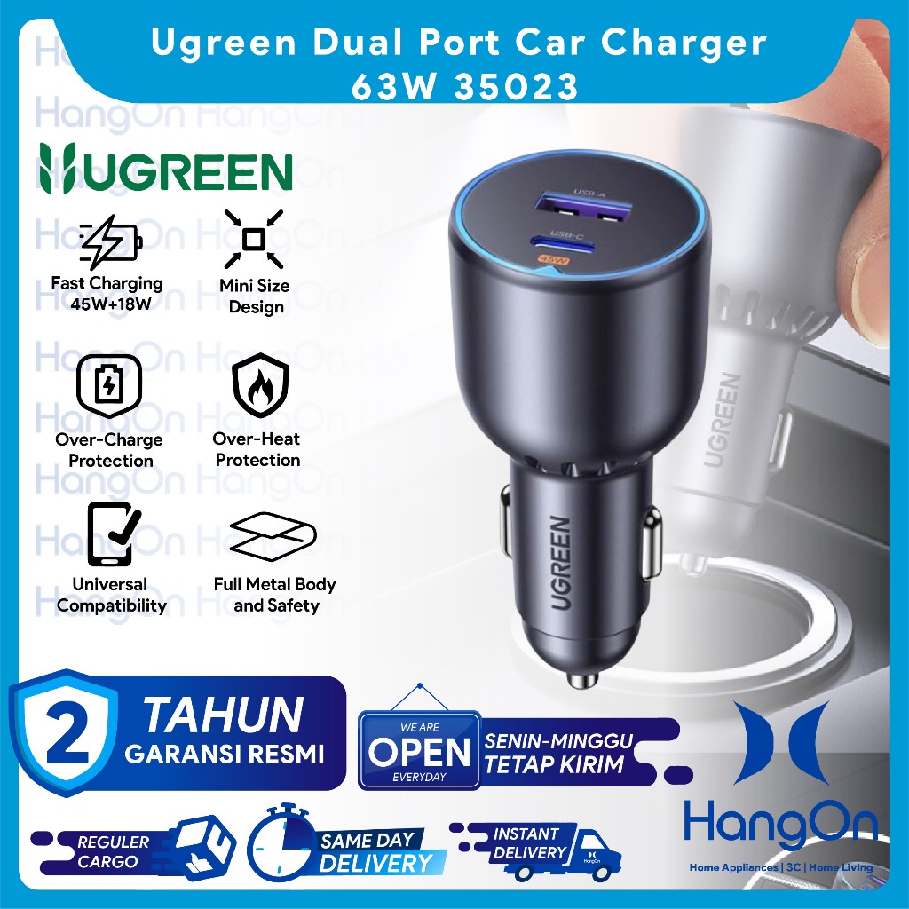 Ugreen 35023 Dual Port Car Charger 63W Fast Charging สําหรับ iPhone MFI Samsung Xiaomi Oppo Vivo USB