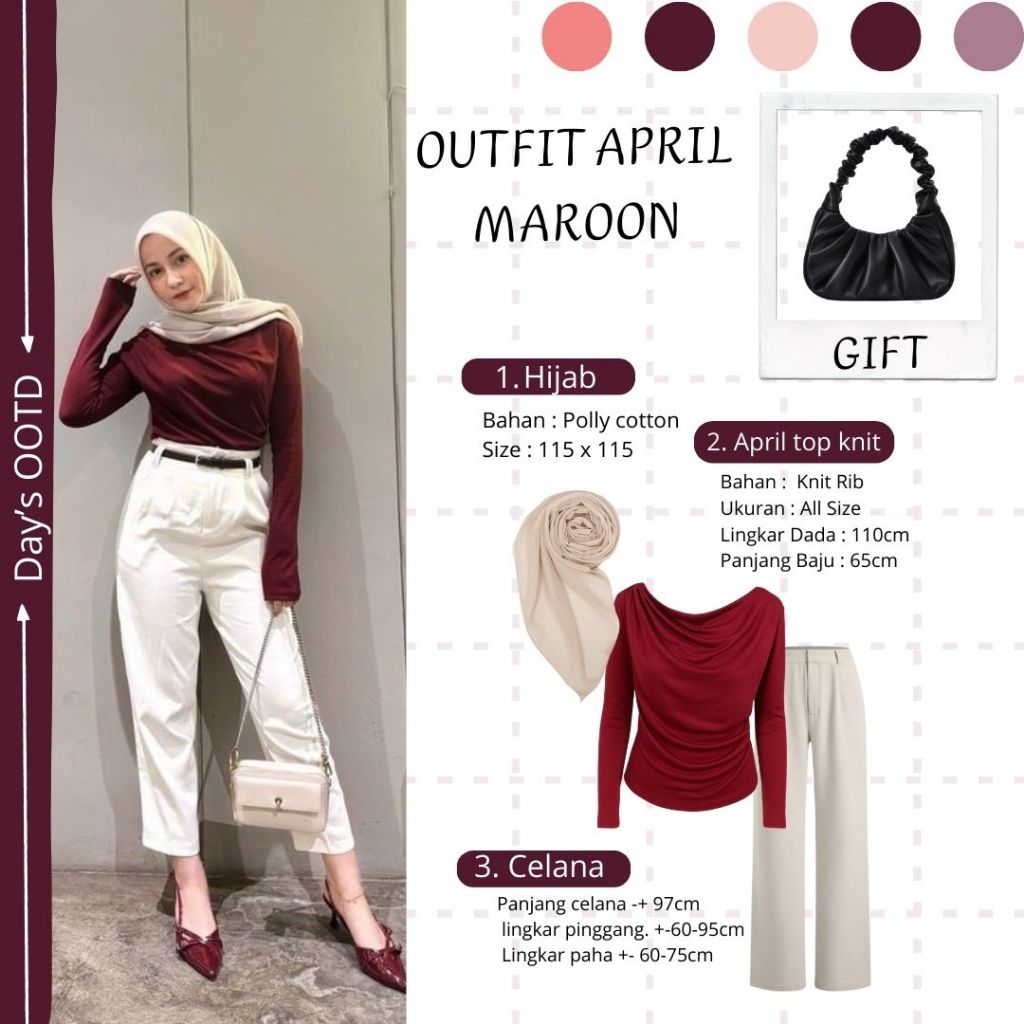 Modern Maroon 3in1 Outfit Set (ถักด้านบนเมษายน, กางเกง Jennie, Hijab) สําหรับแขวน