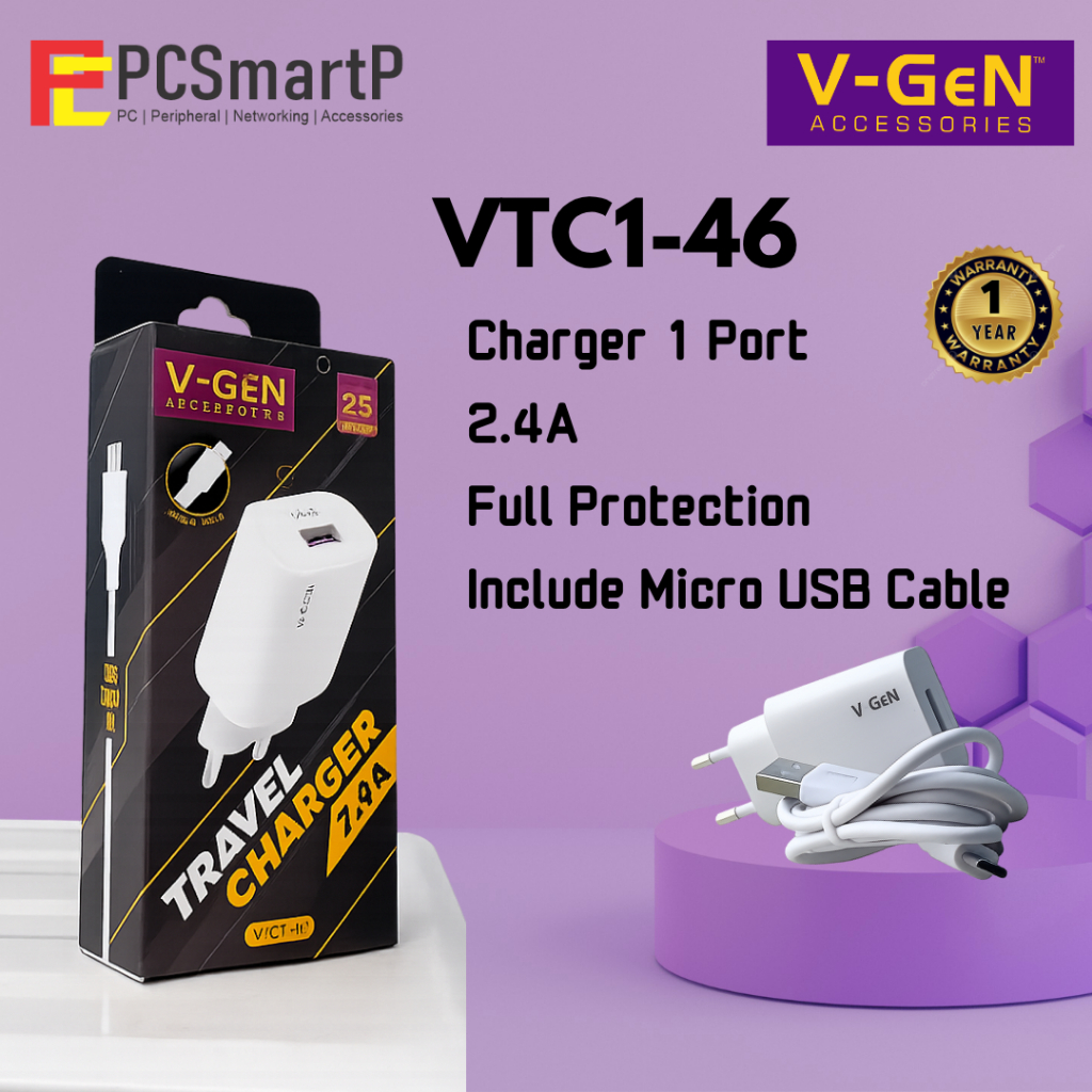 V-GeN VTC1-46 2.4A 1 พอร์ต USB Travel Charger Adapter ฟรีสาย Micro USB 1M