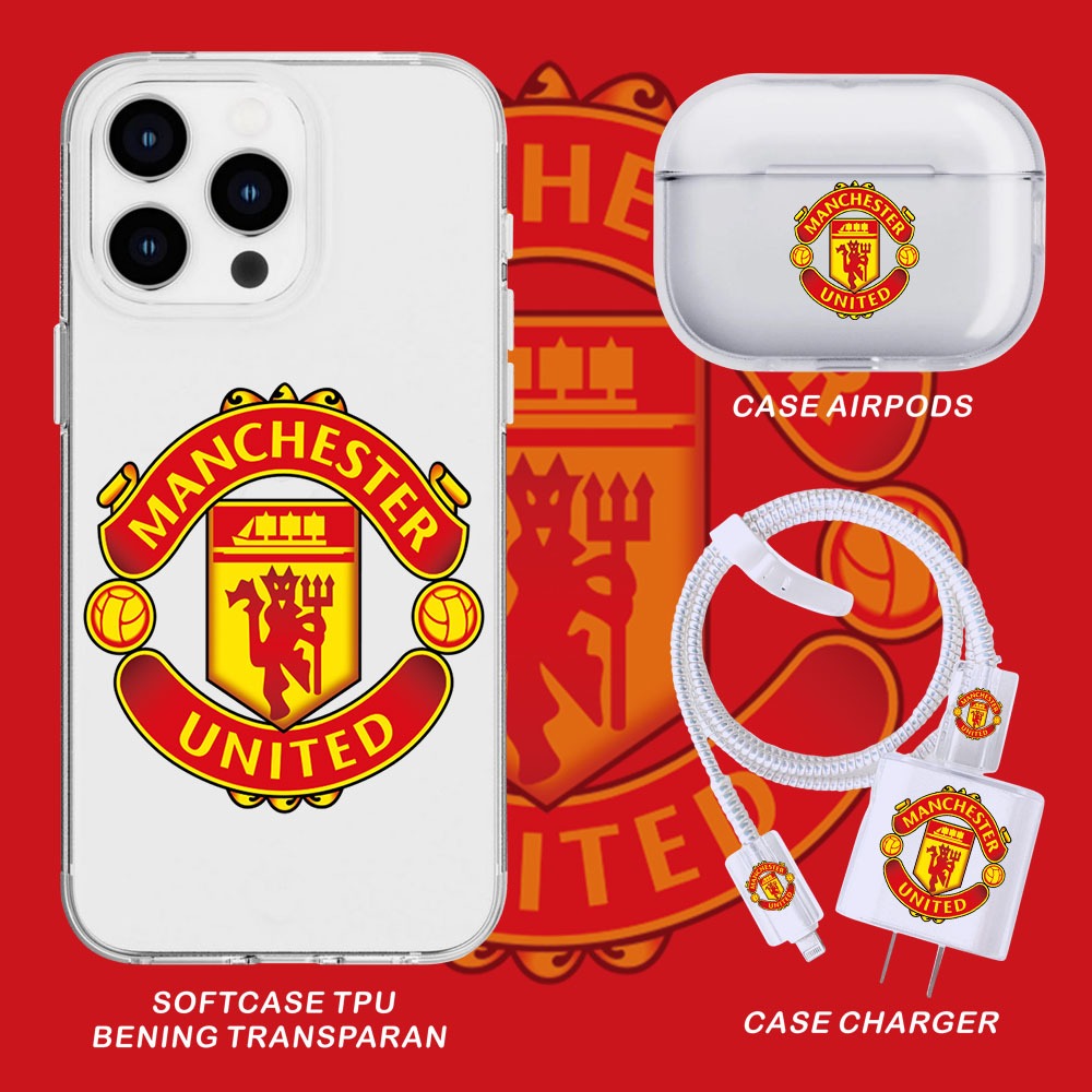 Softcase Handphone, Charger Case, Airpods Protective Case Compatible For iPhone Manchester United Motif
