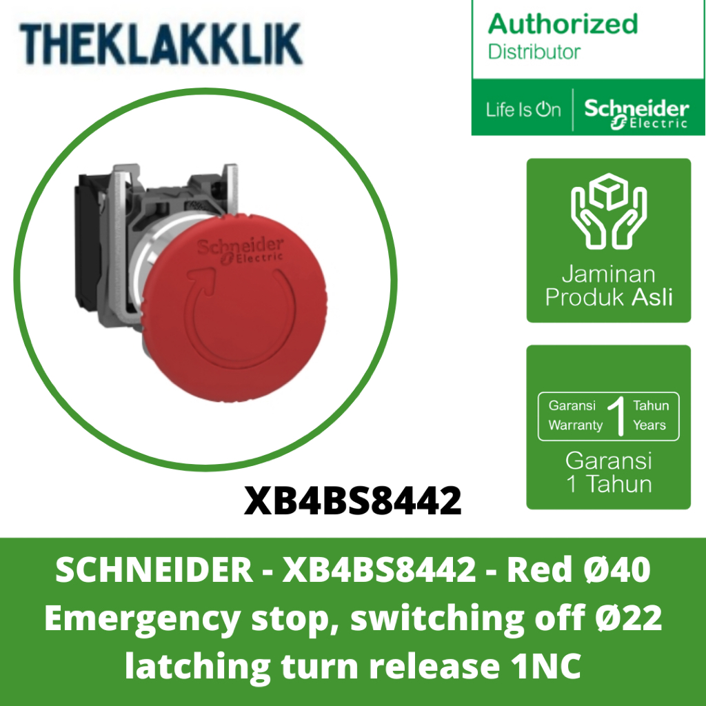 SCHNEIDER - XB4BS8442 - สีแดง Ø40 ตัวหยุดฉุกเฉิน สวิตชิ่ง Ø22 เปิดตัว 1NC