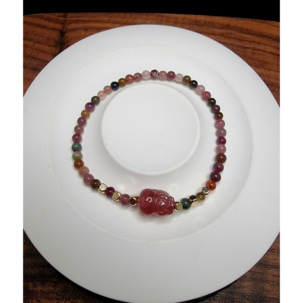 Rainbow Tourmaline Strawberry Quartz Pixiu Stone Bracelet 3A Full Natural 4.5mm C1687