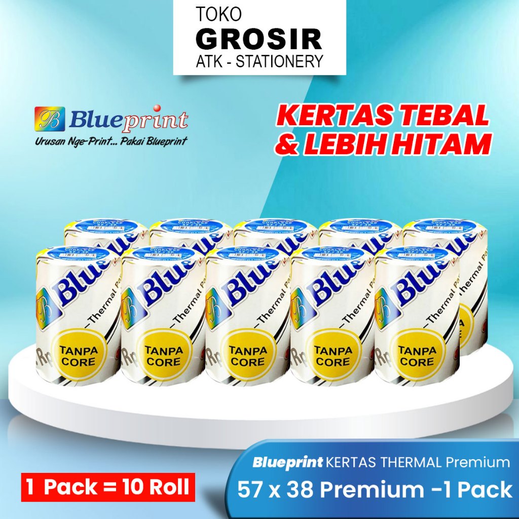 (PACK) 57x38 (PREMIUM) กระดาษความร้อน บรรจุ 10 ม้วน ใบเสร็จรับเงินแคชเชียร์ PPOB edc BLUEPRINT 57 x 