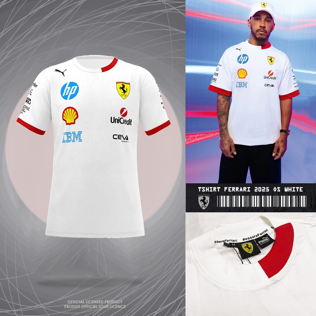 เสื้อยืด FERRARI OVERSIZED 2025 สีขาว | เสื้อยืดผู้ชาย COOL SHORT-SLEEVED ใหม่ล่าสุด | เสื้อแข่ง F1 RACING
